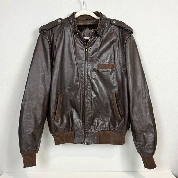 Vintage 80s Brown Leather Bomber Racing Jacket & Removable Faux Fur Liner L/48 - Picture 1 of 16